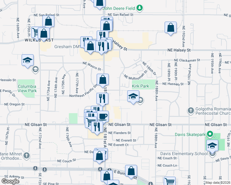 map of restaurants, bars, coffee shops, grocery stores, and more near 18176 Northeast Pacific Court in Portland