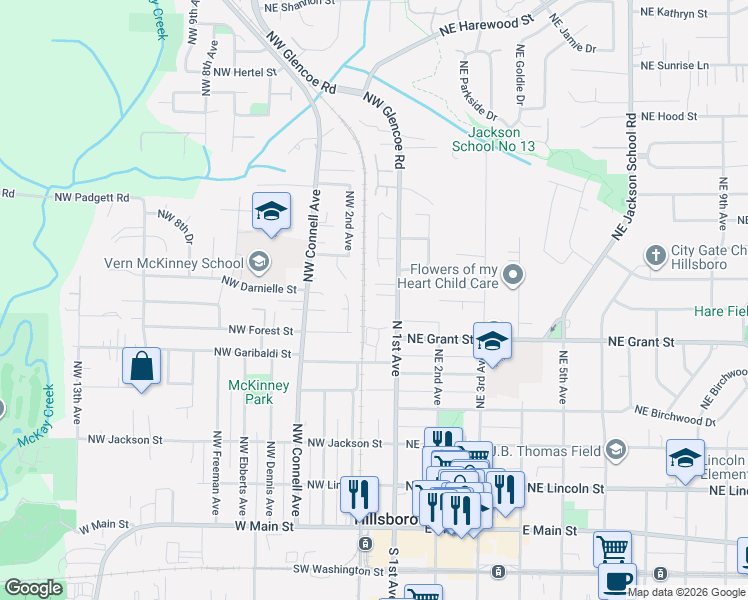 map of restaurants, bars, coffee shops, grocery stores, and more near 735 North 1st Avenue in Hillsboro
