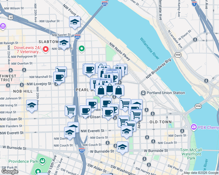 map of restaurants, bars, coffee shops, grocery stores, and more near 922 Northwest 11th Avenue in Portland