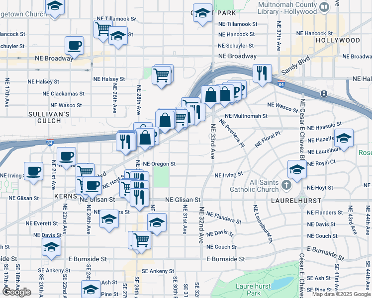 map of restaurants, bars, coffee shops, grocery stores, and more near 3067 Northeast Pacific Street in Portland
