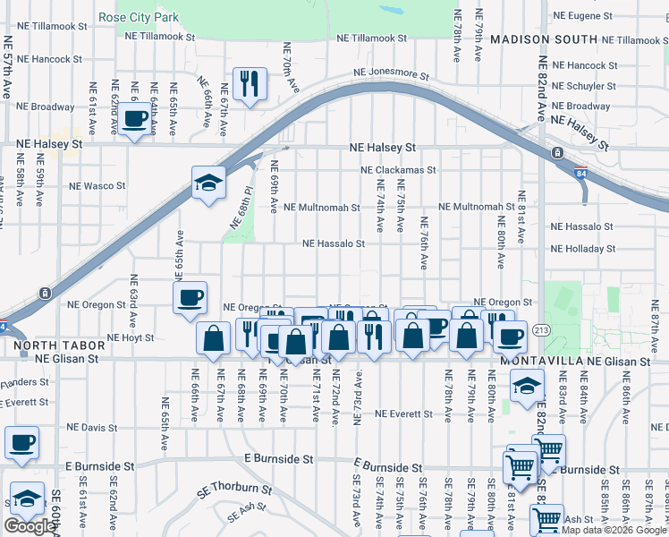 map of restaurants, bars, coffee shops, grocery stores, and more near 909 Northeast 72nd Avenue in Portland