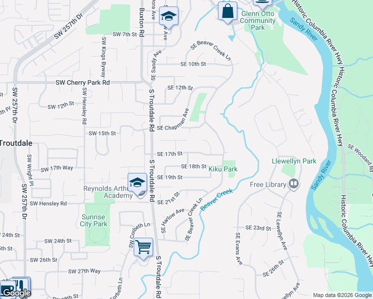 map of restaurants, bars, coffee shops, grocery stores, and more near 471 Southeast 17th Street in Troutdale