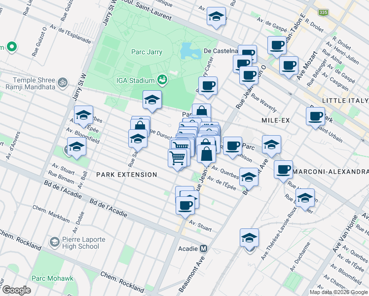 map of restaurants, bars, coffee shops, grocery stores, and more near 451 Avenue Ogilvy in Montrã©Al