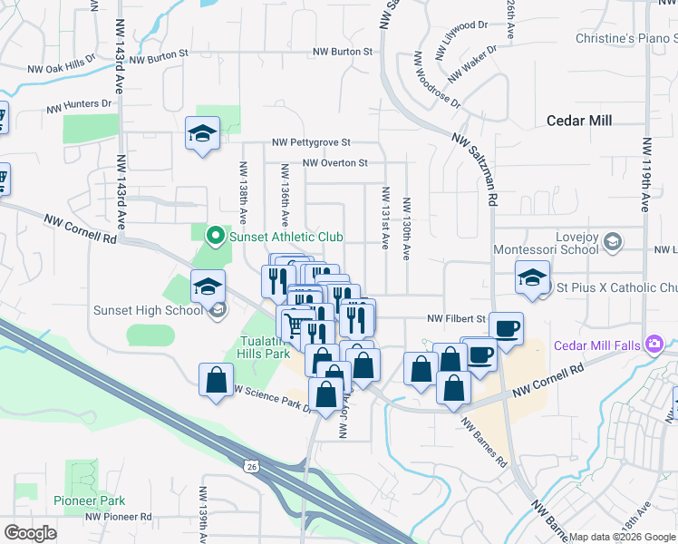 map of restaurants, bars, coffee shops, grocery stores, and more near 1375 Northwest 133rd Avenue in Portland