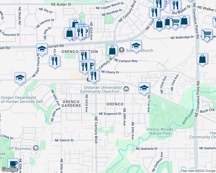 map of restaurants, bars, coffee shops, grocery stores, and more near 6614 Northeast Alder Street in Hillsboro