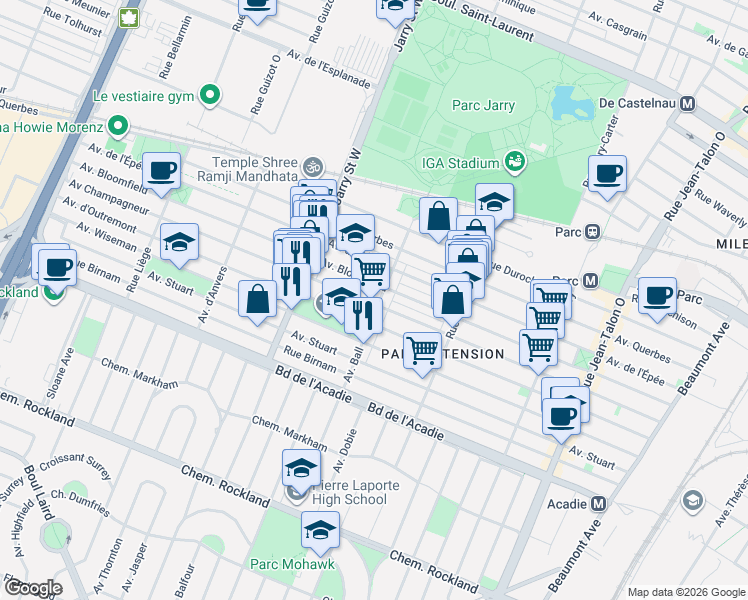 map of restaurants, bars, coffee shops, grocery stores, and more near 711 Avenue Ball in Montréal