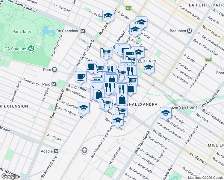 map of restaurants, bars, coffee shops, grocery stores, and more near 215 Rue Saint-Zotique Ouest in Montréal