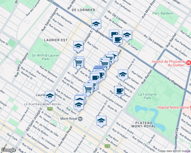 map of restaurants, bars, coffee shops, grocery stores, and more near 4550 Rue de Brébeuf in Montréal