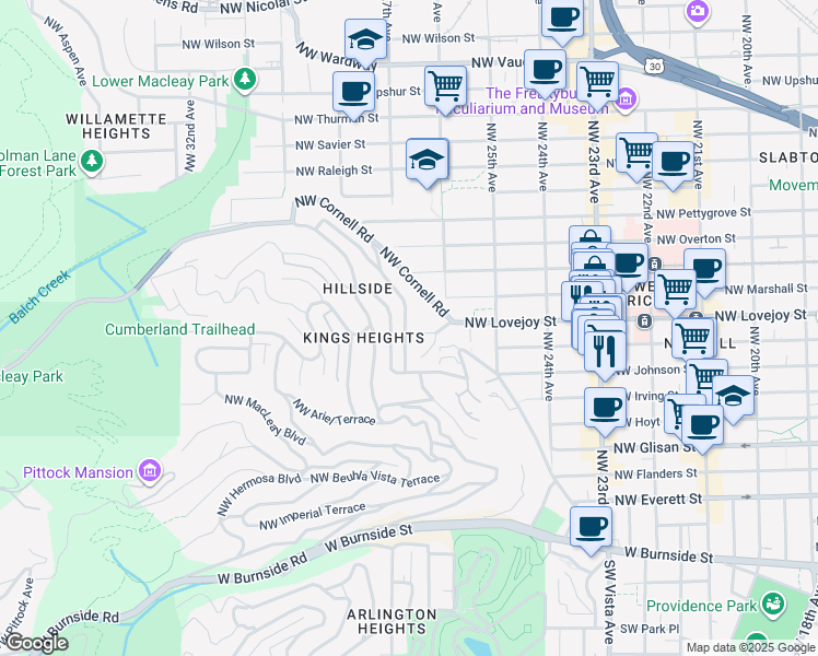map of restaurants, bars, coffee shops, grocery stores, and more near 932 Northwest Summit Avenue in Portland