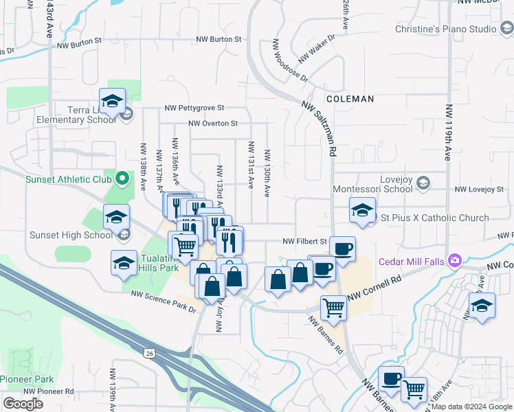 map of restaurants, bars, coffee shops, grocery stores, and more near 1365 Northwest 130th Avenue in Portland