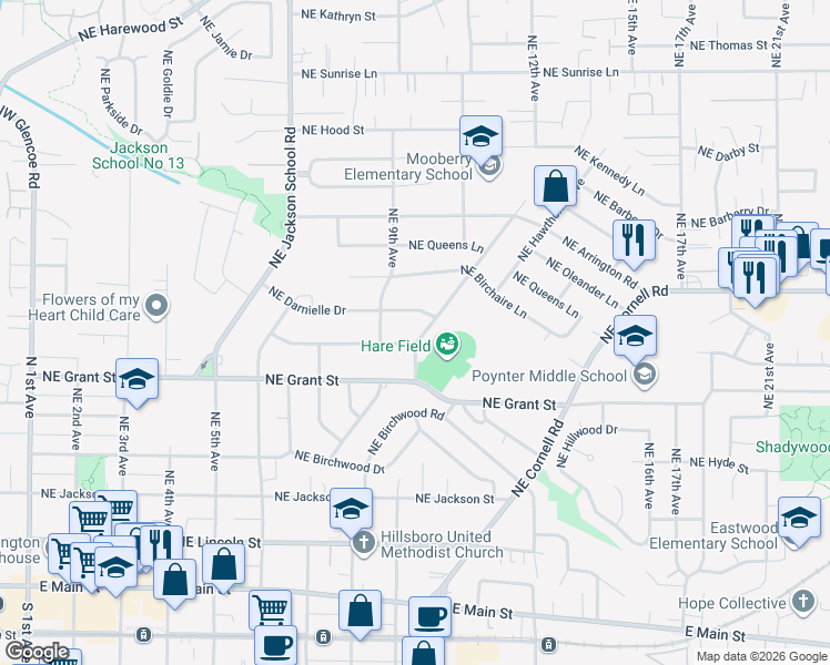 map of restaurants, bars, coffee shops, grocery stores, and more near 735 Northeast Delsey Road in Hillsboro