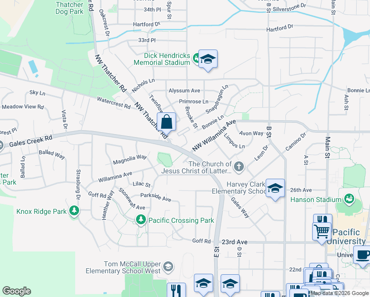 map of restaurants, bars, coffee shops, grocery stores, and more near 1315 Oregon 8 in Forest Grove
