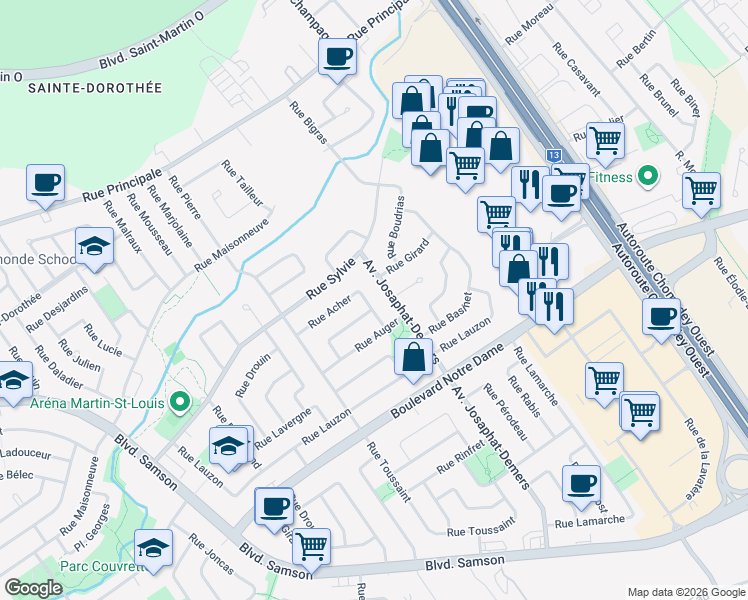 map of restaurants, bars, coffee shops, grocery stores, and more near 167 Rue Acher in Laval