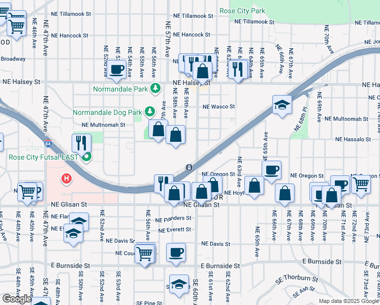 map of restaurants, bars, coffee shops, grocery stores, and more near 901 Northeast 60th Avenue in Portland