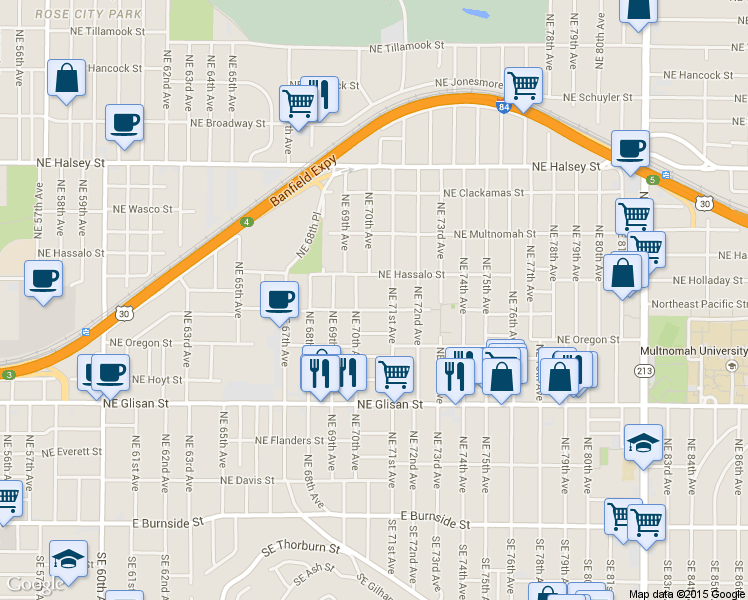 map of restaurants, bars, coffee shops, grocery stores, and more near 7033 Northeast Pacific Street in Portland