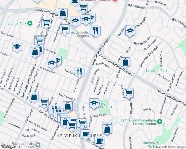 map of restaurants, bars, coffee shops, grocery stores, and more near 403 Rue Portneuf in Longueuil