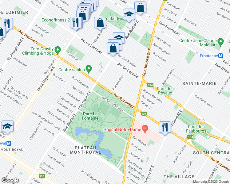 map of restaurants, bars, coffee shops, grocery stores, and more near 3599 Avenue Papineau in Montréal