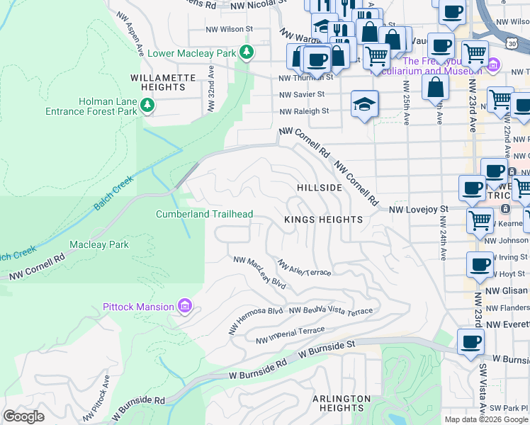 map of restaurants, bars, coffee shops, grocery stores, and more near 2929 Northwest Cumberland Road in Portland