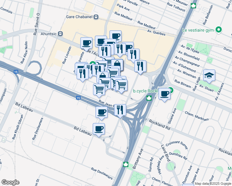 map of restaurants, bars, coffee shops, grocery stores, and more near 9050 Rue Charles de la Tour in Montreal