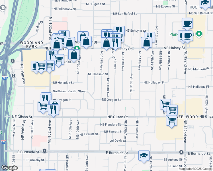 map of restaurants, bars, coffee shops, grocery stores, and more near 939 Northeast 110th Avenue in Portland