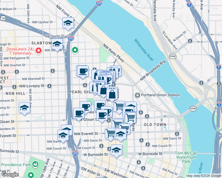 map of restaurants, bars, coffee shops, grocery stores, and more near 900 Northwest Lovejoy Street in Portland