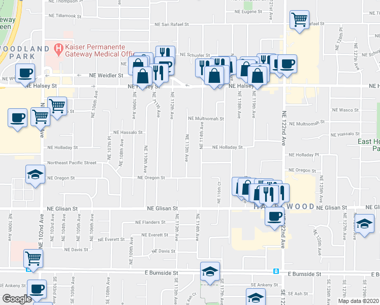 map of restaurants, bars, coffee shops, grocery stores, and more near 942 Northeast 113th Avenue in Portland