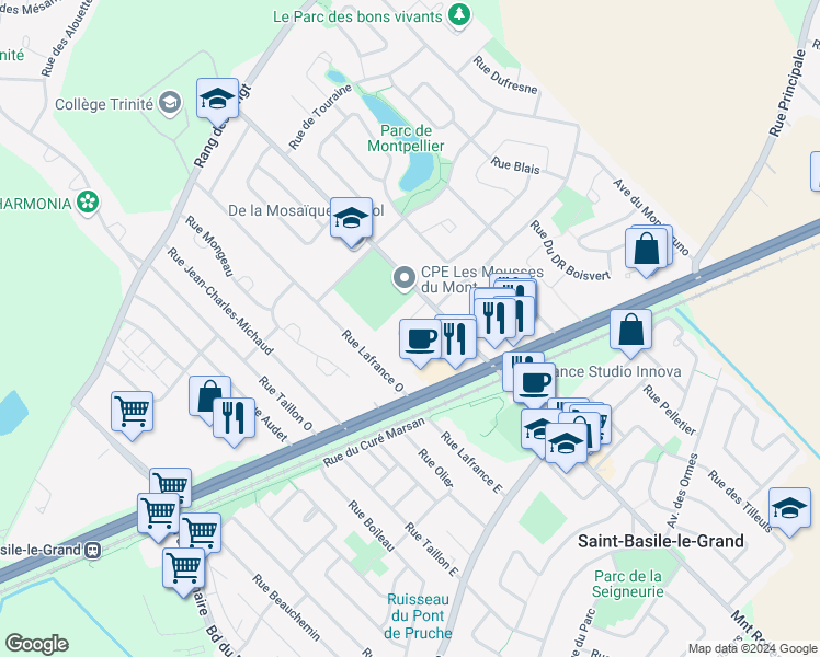 map of restaurants, bars, coffee shops, grocery stores, and more near 109 Rue Roland-Chagnon in Saint-Basile-le-Grand