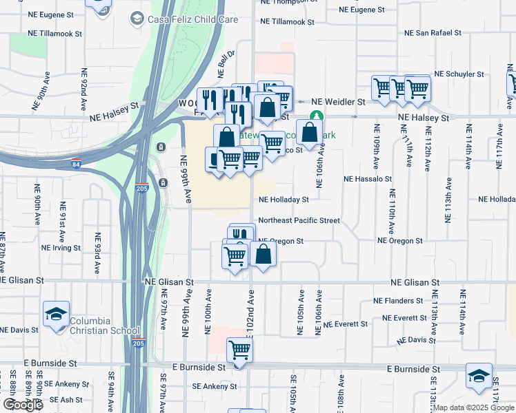 map of restaurants, bars, coffee shops, grocery stores, and more near 940 Northeast 102nd Avenue in Portland