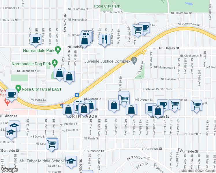 map of restaurants, bars, coffee shops, grocery stores, and more near 6335 Northeast Pacific Street in Portland