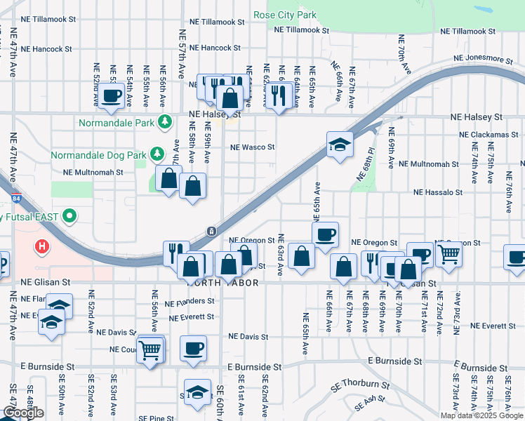 map of restaurants, bars, coffee shops, grocery stores, and more near 6203 Northeast Pacific Street in Portland