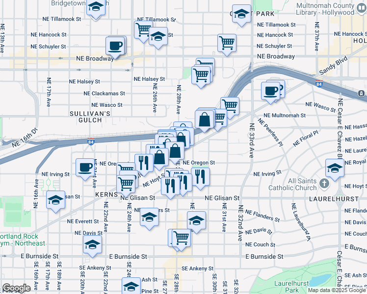 map of restaurants, bars, coffee shops, grocery stores, and more near in Portland