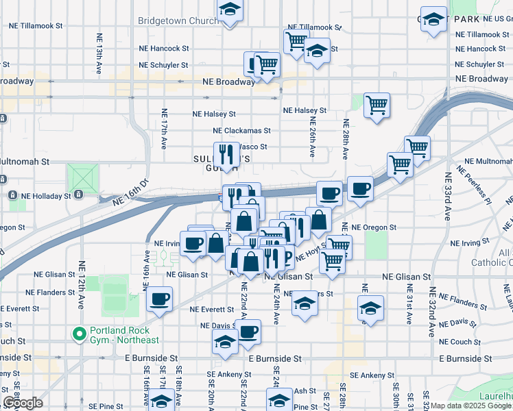 map of restaurants, bars, coffee shops, grocery stores, and more near 2211 Northeast Pacific Street in Portland