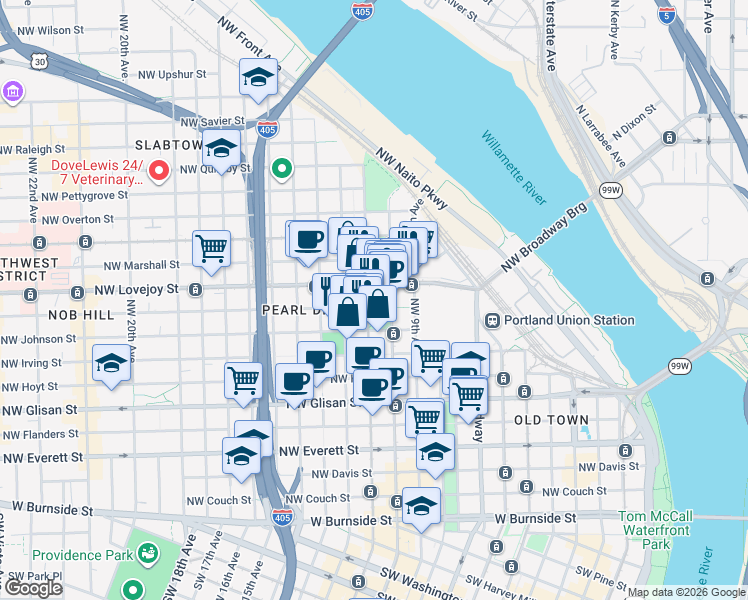 map of restaurants, bars, coffee shops, grocery stores, and more near in Portland
