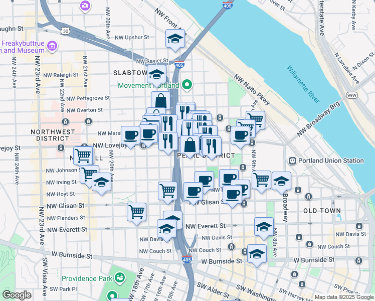map of restaurants, bars, coffee shops, grocery stores, and more near 1599 Northwest Kearney Street in Portland