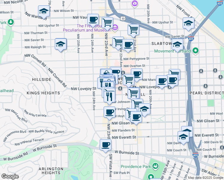 map of restaurants, bars, coffee shops, grocery stores, and more near 2280 Northwest Lovejoy Street in Portland