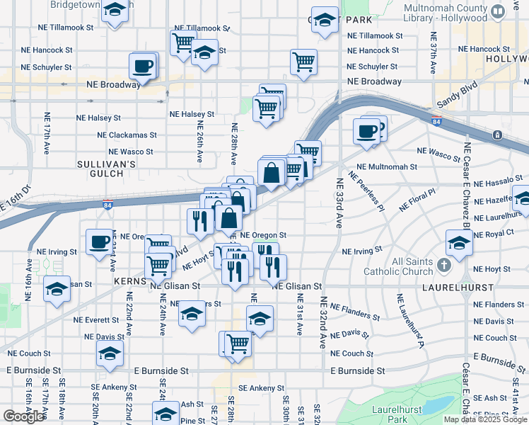 map of restaurants, bars, coffee shops, grocery stores, and more near 2920 Northeast Sandy Boulevard in Portland