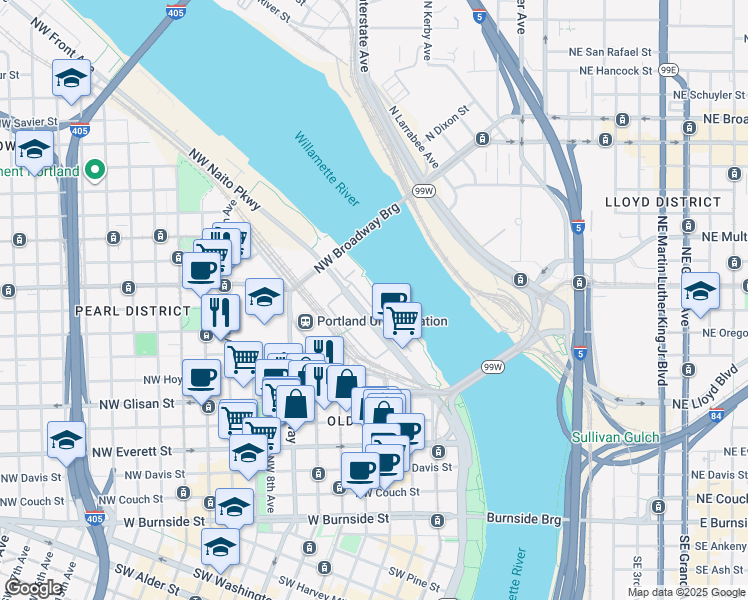 map of restaurants, bars, coffee shops, grocery stores, and more near 910 Northwest Naito Parkway in Portland