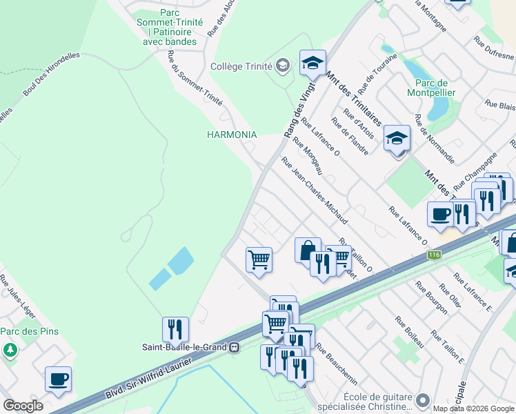 map of restaurants, bars, coffee shops, grocery stores, and more near 270 Rue Anne-Hébert in Saint-Basile-le-Grand