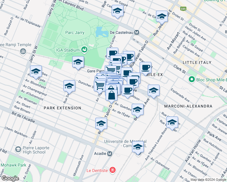 map of restaurants, bars, coffee shops, grocery stores, and more near 7200 Rue Hutchison in Montreal