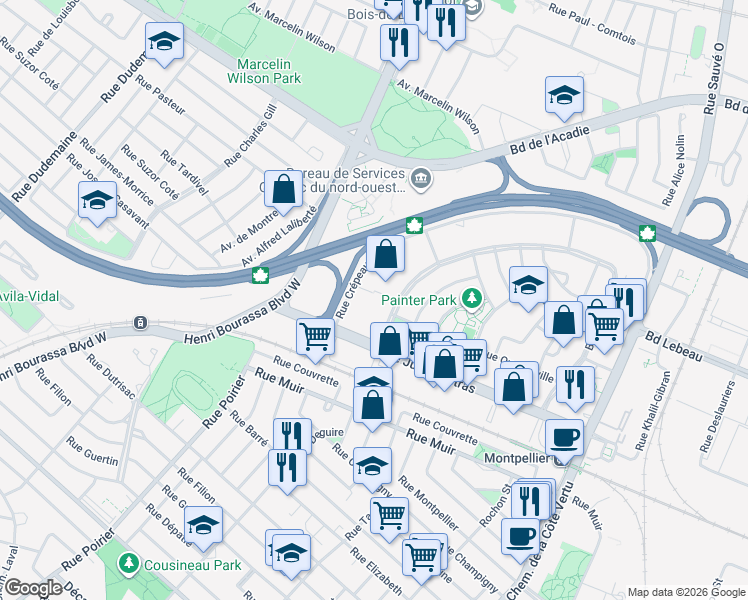 map of restaurants, bars, coffee shops, grocery stores, and more near 385 Boulevard Deguire in Montrã©Al