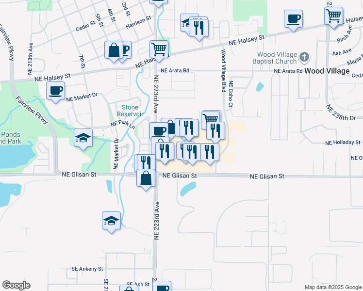 map of restaurants, bars, coffee shops, grocery stores, and more near 22557 Northeast Park Lane in Wood Village
