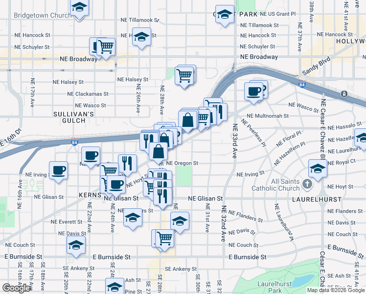 map of restaurants, bars, coffee shops, grocery stores, and more near 2920 Northeast Sandy Boulevard in Portland