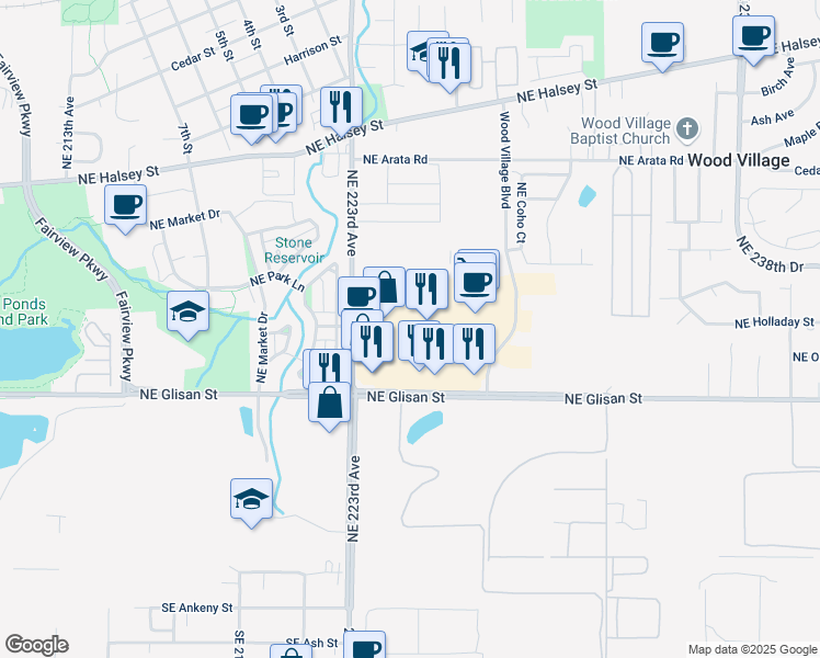 map of restaurants, bars, coffee shops, grocery stores, and more near 22557 Northeast Park Lane in Wood Village
