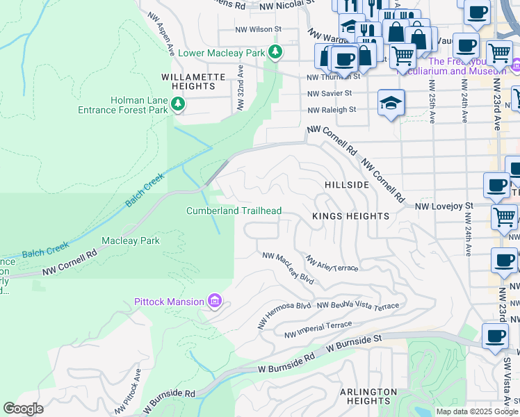 map of restaurants, bars, coffee shops, grocery stores, and more near 3055 Northwest Cumberland Road in Portland
