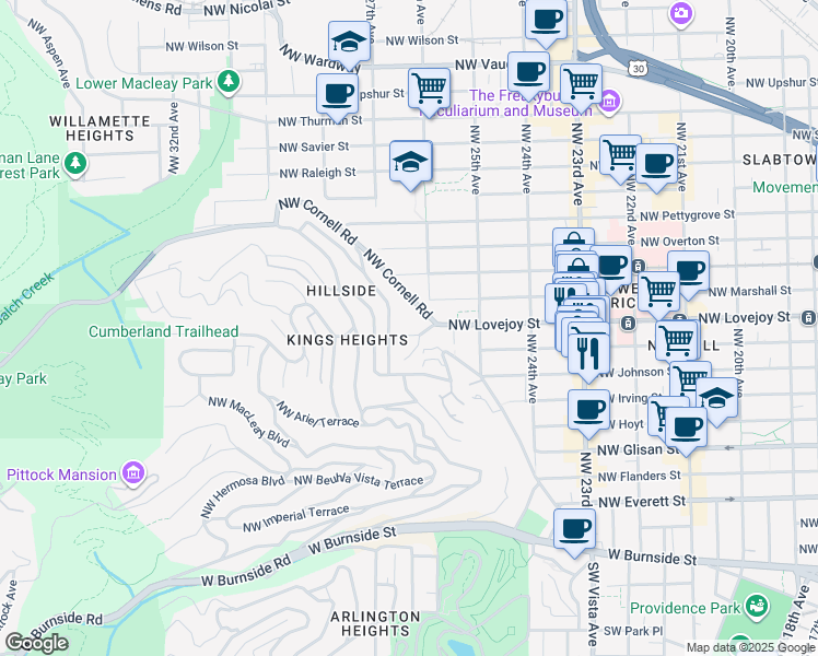 map of restaurants, bars, coffee shops, grocery stores, and more near 932 Northwest Summit Avenue in Portland