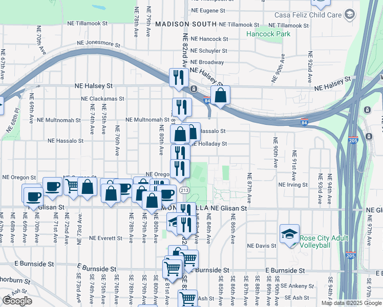 map of restaurants, bars, coffee shops, grocery stores, and more near 8221 Northeast Pacific Street in Portland