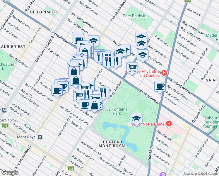 map of restaurants, bars, coffee shops, grocery stores, and more near 4227 Rue Fabre in Montréal