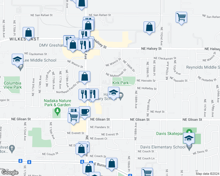 map of restaurants, bars, coffee shops, grocery stores, and more near 930 Northeast 183rd Avenue in Portland