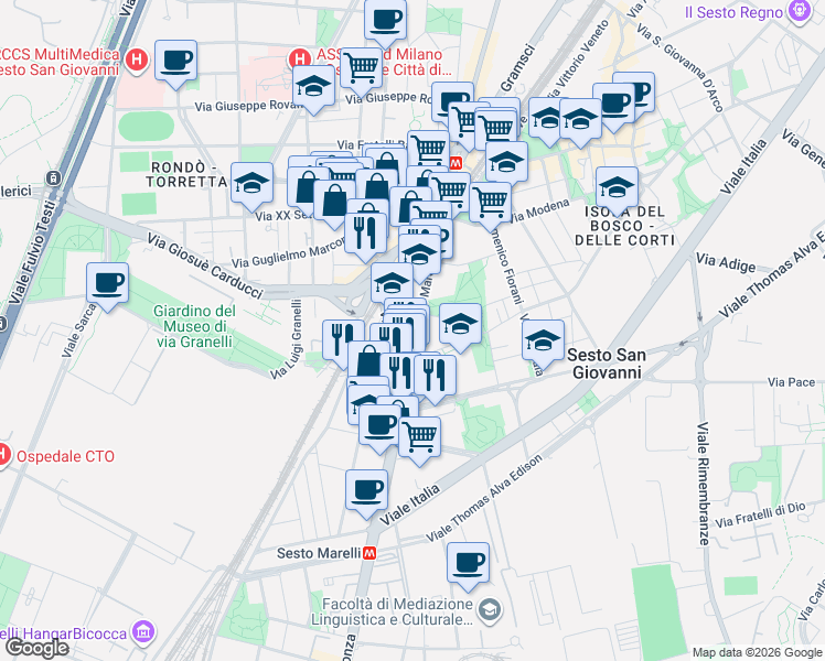 map of restaurants, bars, coffee shops, grocery stores, and more near 172 Viale Ercole Marelli in Sesto San Giovanni