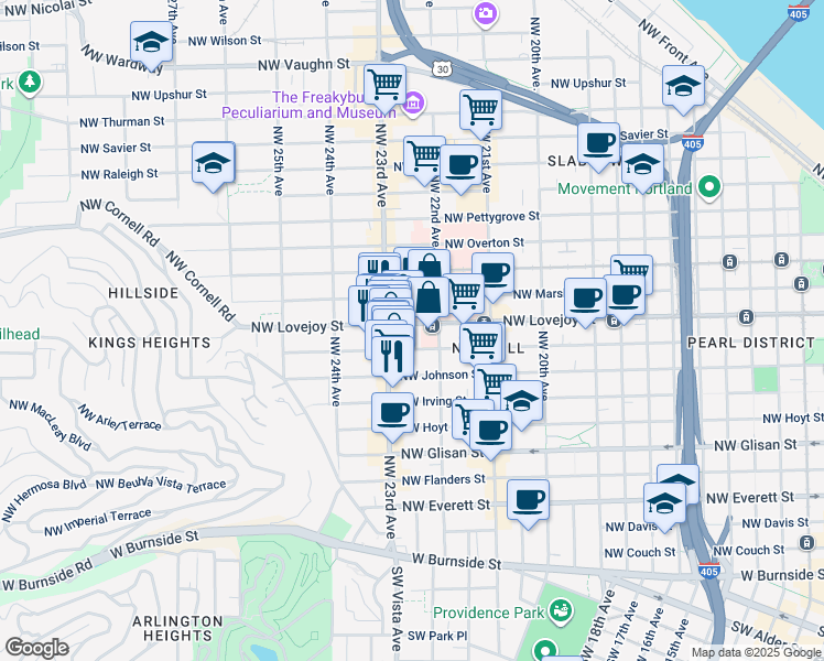 map of restaurants, bars, coffee shops, grocery stores, and more near 2240 Northwest Lovejoy Street in Portland
